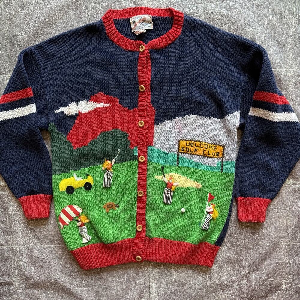 Mens Vintage 70s Cotton Salsa Handknit All Over Print Golf Cardigan Sweater Sz L